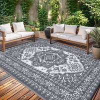 Garvee Outdoor Grey & White 9x18 Plastic Straw Rug, Waterproof Stain Resistant Reversible for Camping, Garden, Backyard, RV, Patio
