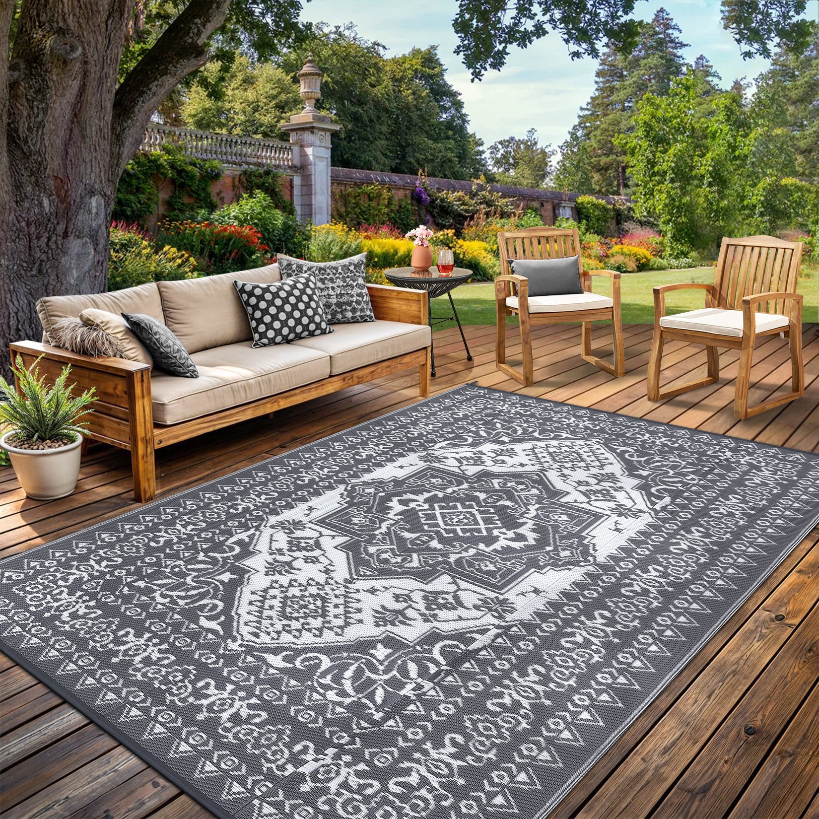 Garvee Outdoor Grey & White 9x18 Plastic Straw Rug, Waterproof Stain Resistant Reversible for Camping, Garden, Backyard, RV, Patio