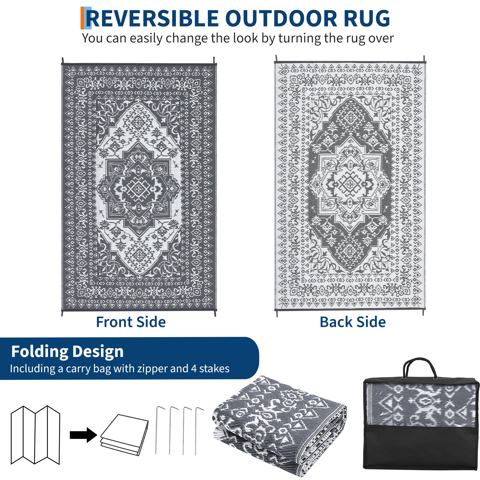 Garvee Outdoor Grey & White 9x12 Rug, Plastic Straw Waterproof Reversible Mat for Patio, Deck, RV, Camping Decor