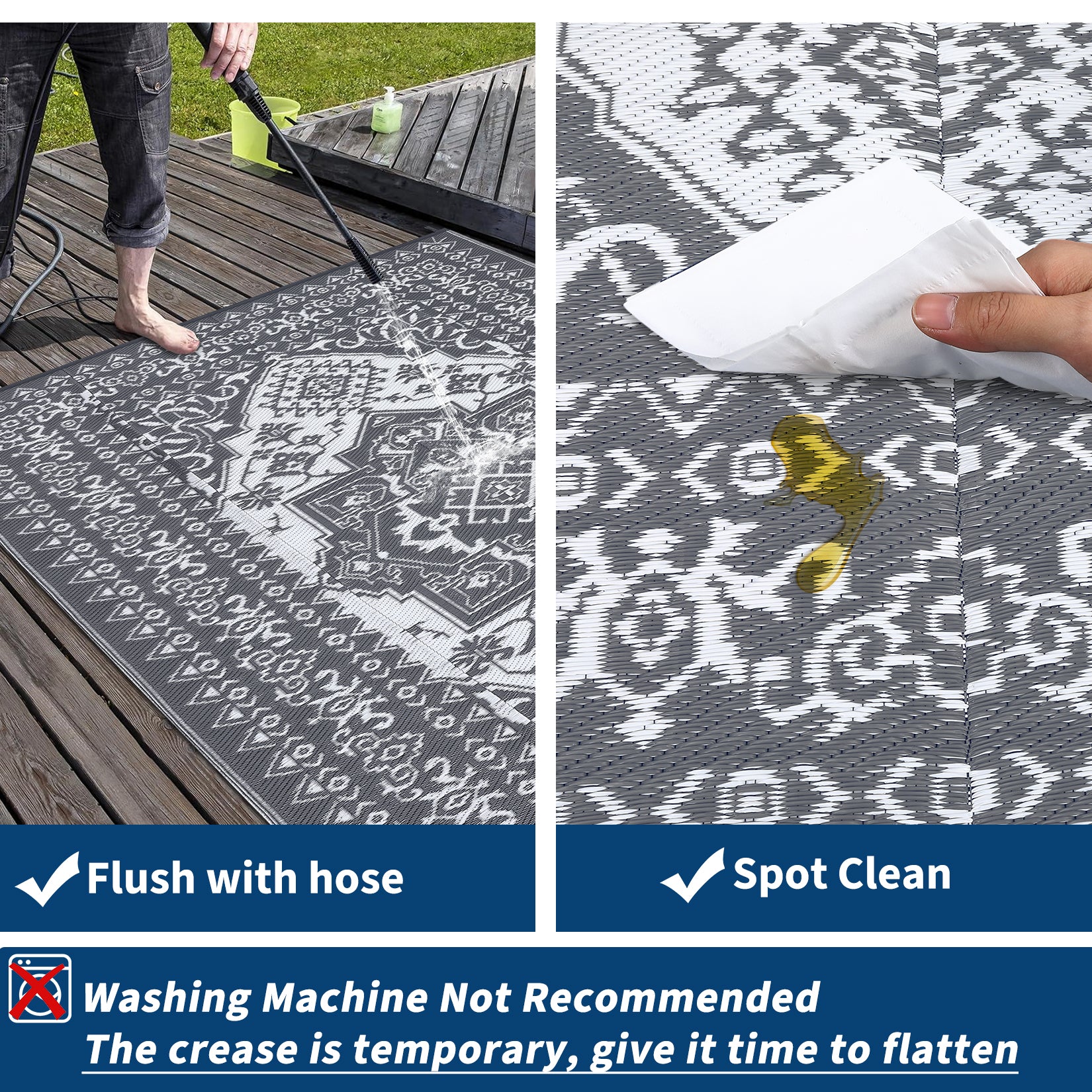 Garvee Outdoor Grey & White 9x12 Rug, Plastic Straw Waterproof Reversible Mat for Patio, Deck, RV, Camping Decor