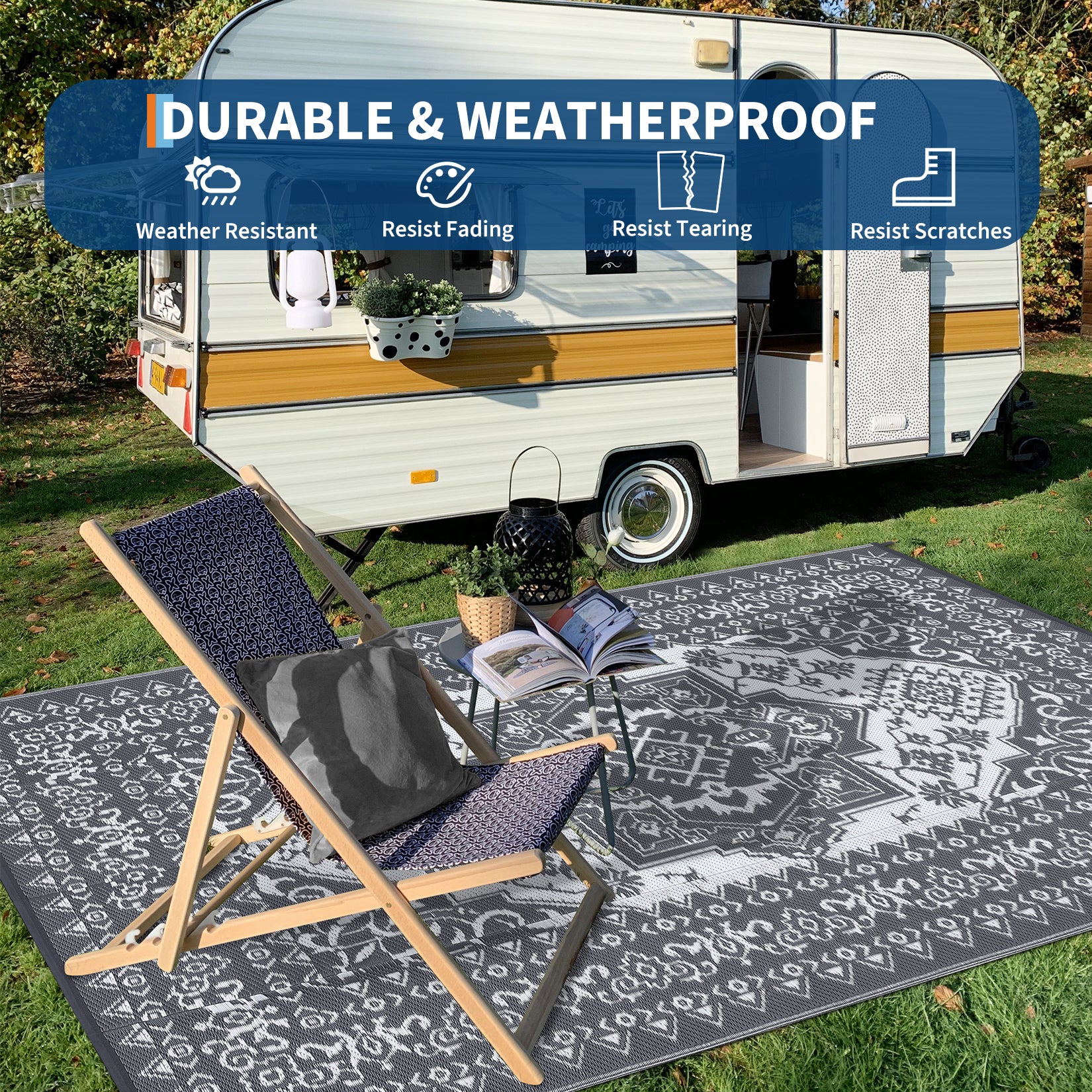 Garvee Outdoor Grey & White 9x18 Plastic Straw Rug, Waterproof Stain Resistant Reversible for Camping, Garden, Backyard, RV, Patio