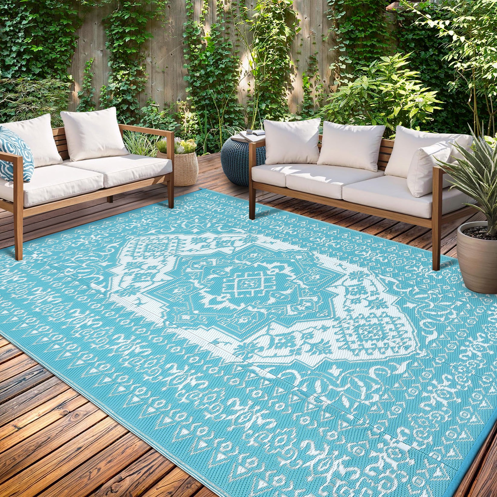 Garvee Outdoor Light Blue & White 9x18 Plastic Straw Rug, Waterproof Stain Resistant Reversible Carpet for Camping, Backyard, RV, Patio