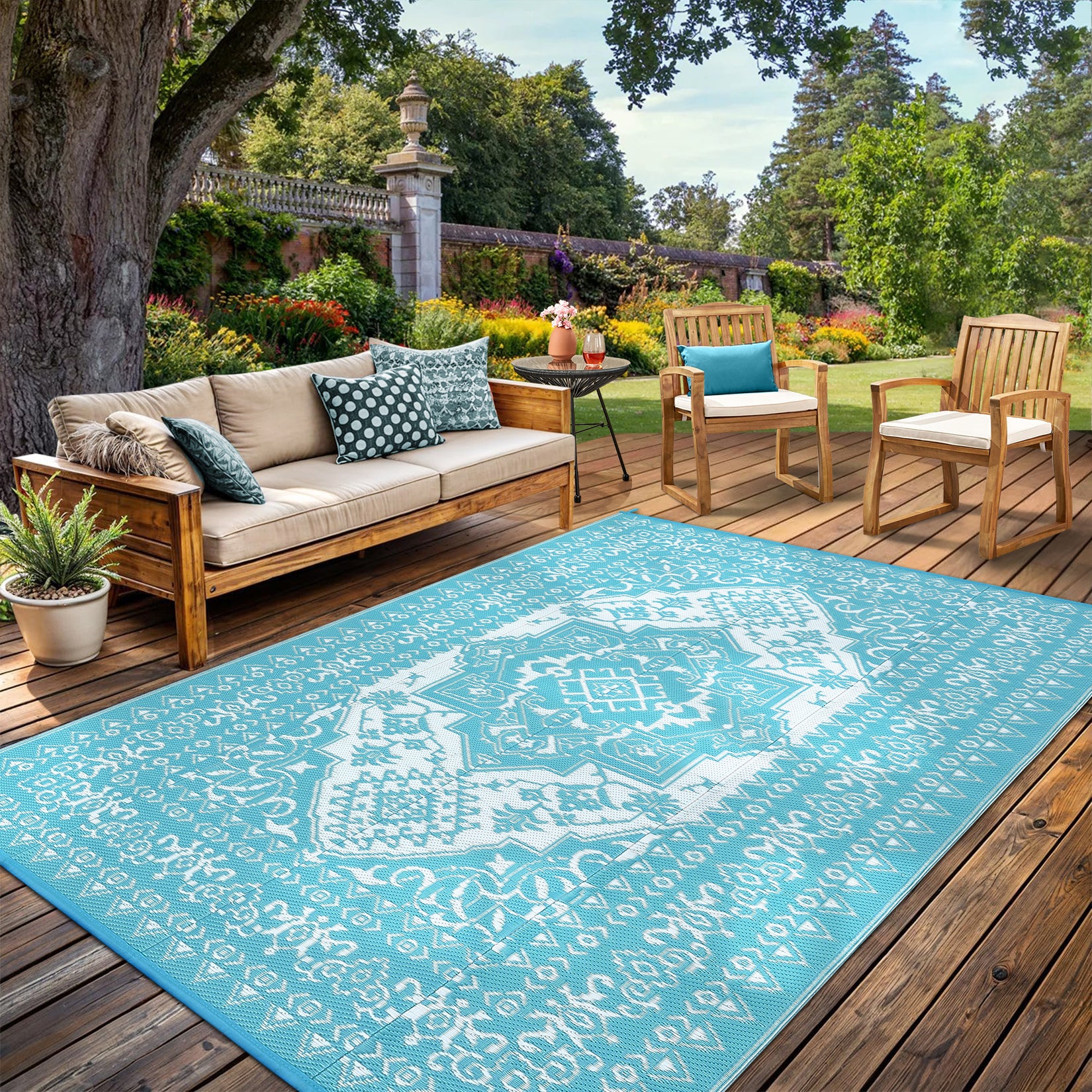 Garvee Outdoor Light Blue & White 9x18 Plastic Straw Rug, Waterproof Stain Resistant Reversible Carpet for Camping, Backyard, RV, Patio