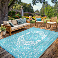 Garvee Outdoor Light Blue & White 9x18 Plastic Straw Rug, Waterproof Stain Resistant Reversible Carpet for Camping, Backyard, RV, Patio