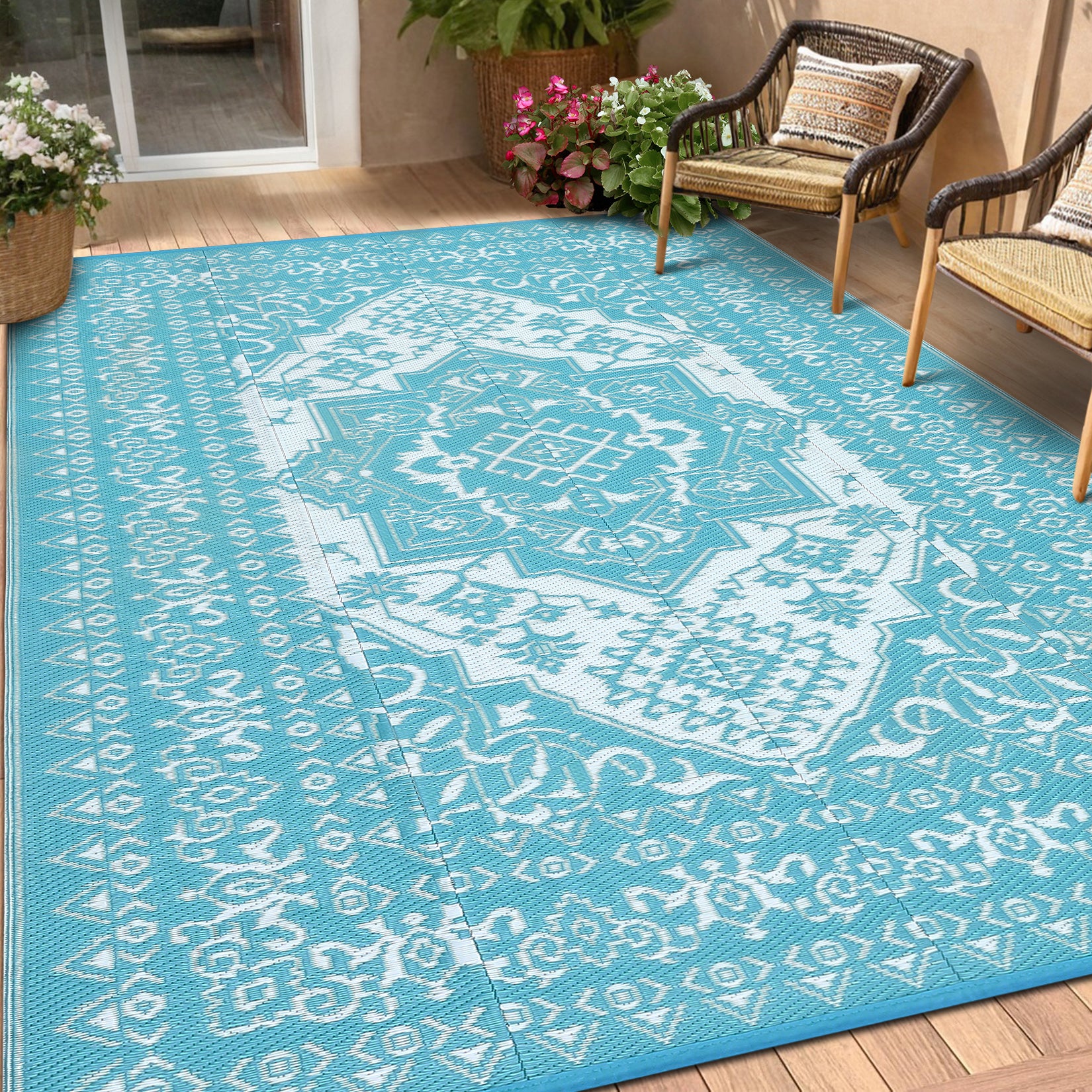 Garvee Outdoor Light Blue & White 8x10 Plastic Straw Rug, Waterproof Stain Resistant Reversible Carpet for Camping, Garden, Backyard, RV, Patio