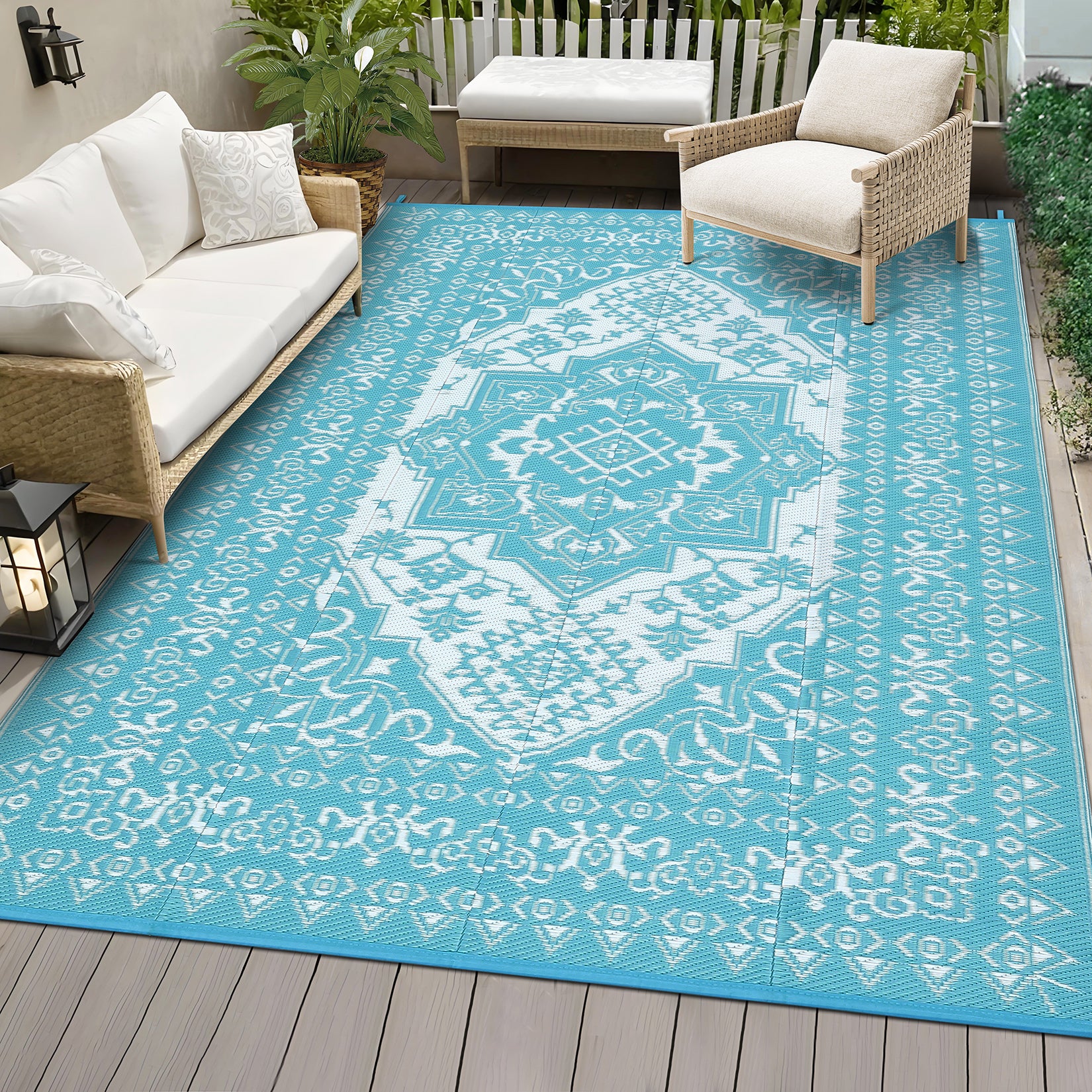 Garvee Outdoor Light Blue & White 9x18 Plastic Straw Rug, Waterproof Stain Resistant Reversible Carpet for Camping, Backyard, RV, Patio