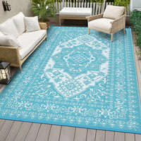 Garvee Outdoor Light Blue & White 9x18 Plastic Straw Rug, Waterproof Stain Resistant Reversible Carpet for Camping, Backyard, RV, Patio