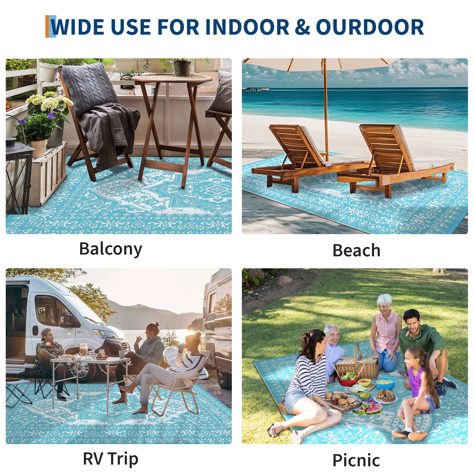 Garvee Outdoor Light Blue & White 9x18 Plastic Straw Rug, Waterproof Stain Resistant Reversible Carpet for Camping, Backyard, RV, Patio