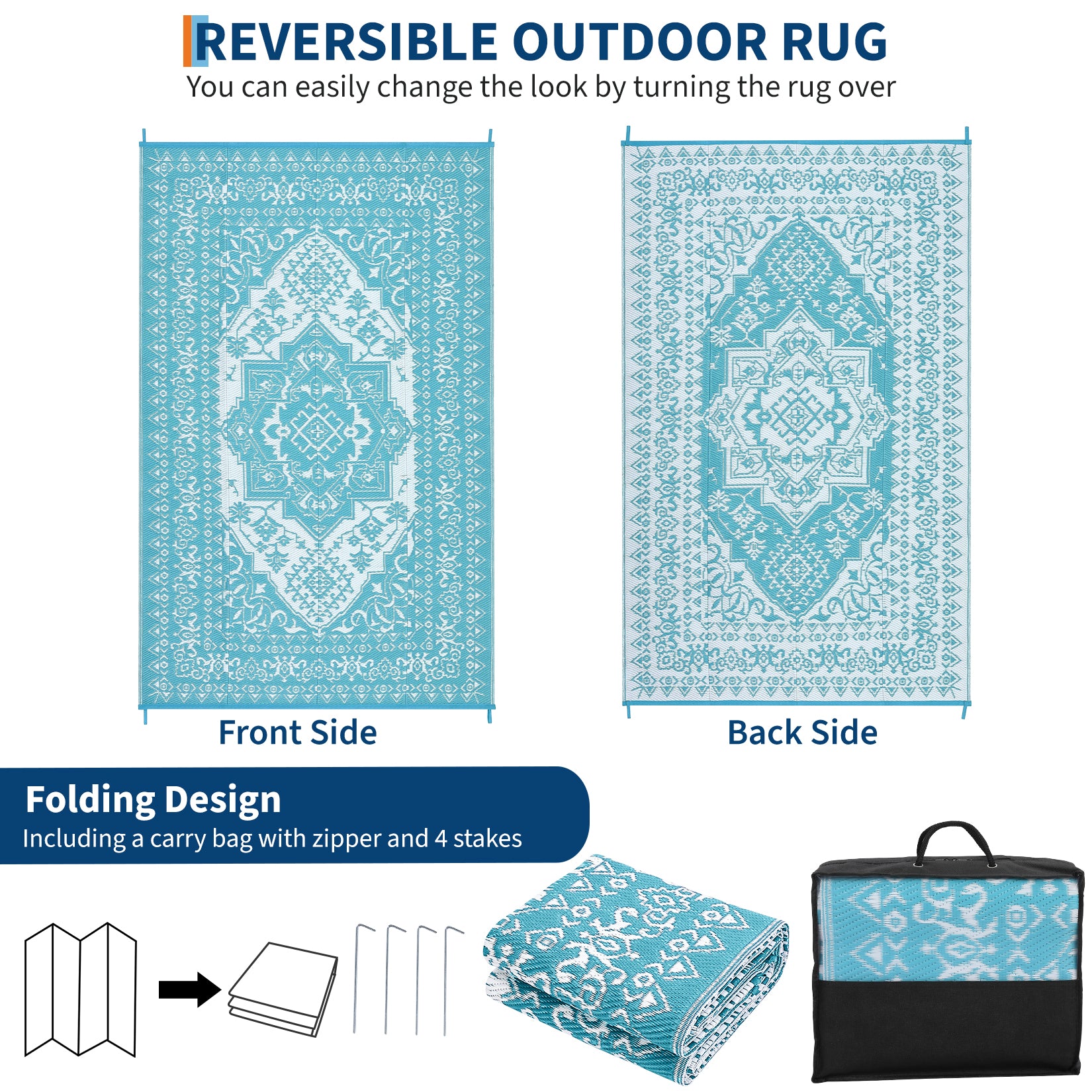 Garvee Outdoor Light Blue & White 9x18 Plastic Straw Rug, Waterproof Stain Resistant Reversible Carpet for Camping, Backyard, RV, Patio