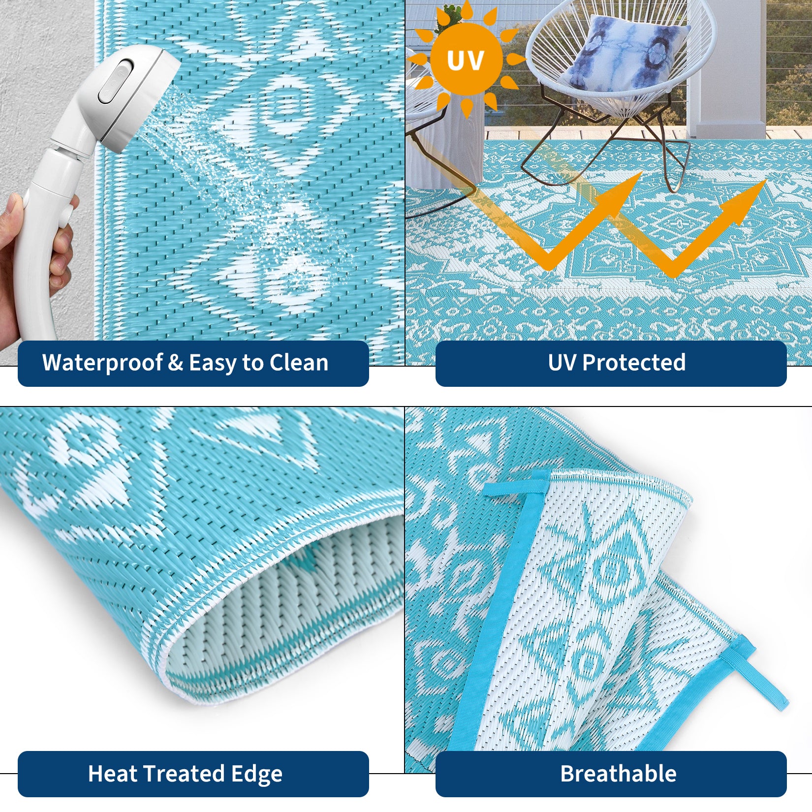Garvee Outdoor Light Blue & White 9x18 Plastic Straw Rug, Waterproof Stain Resistant Reversible Carpet for Camping, Backyard, RV, Patio