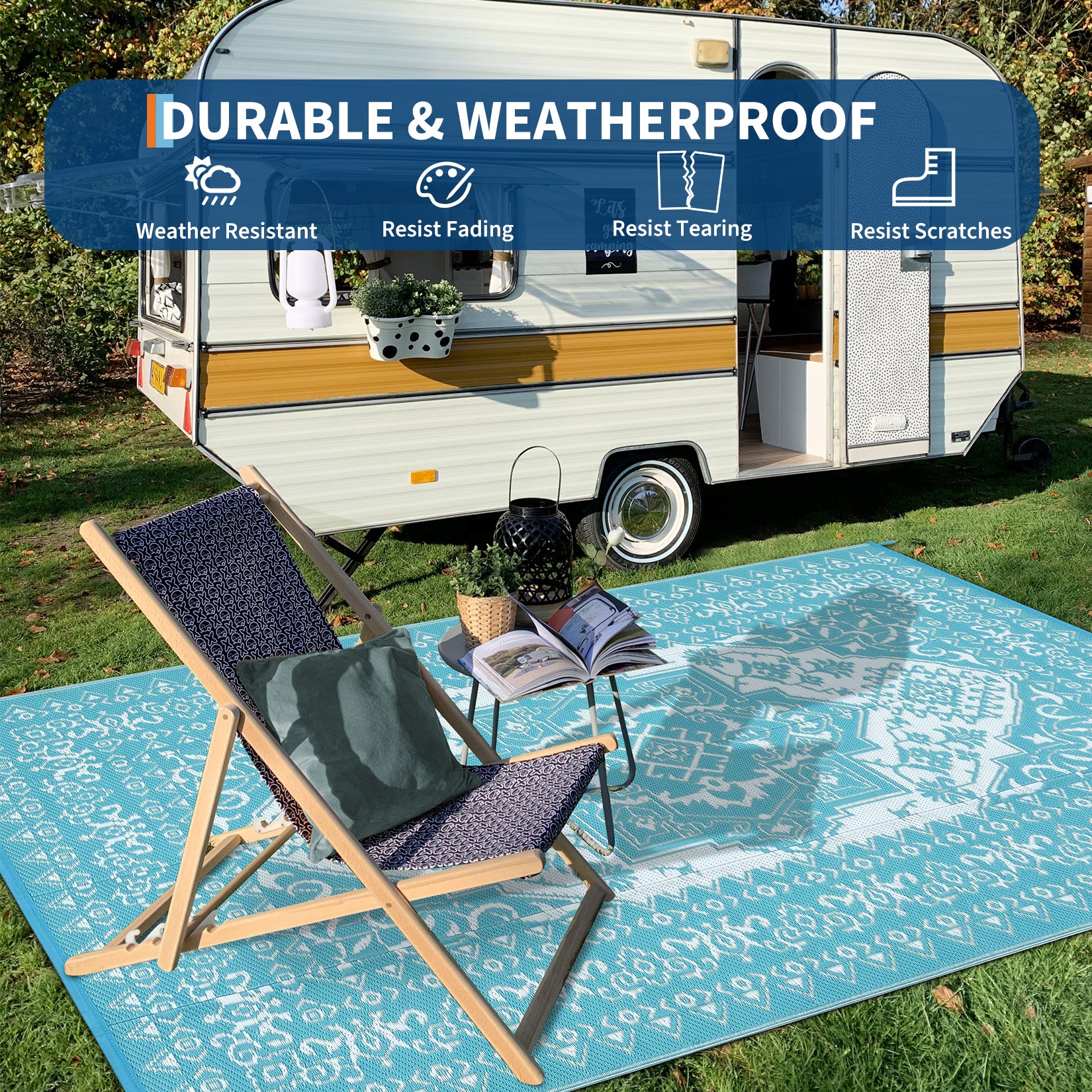 Garvee Outdoor Light Blue & White 9x18 Plastic Straw Rug, Waterproof Stain Resistant Reversible Carpet for Camping, Backyard, RV, Patio