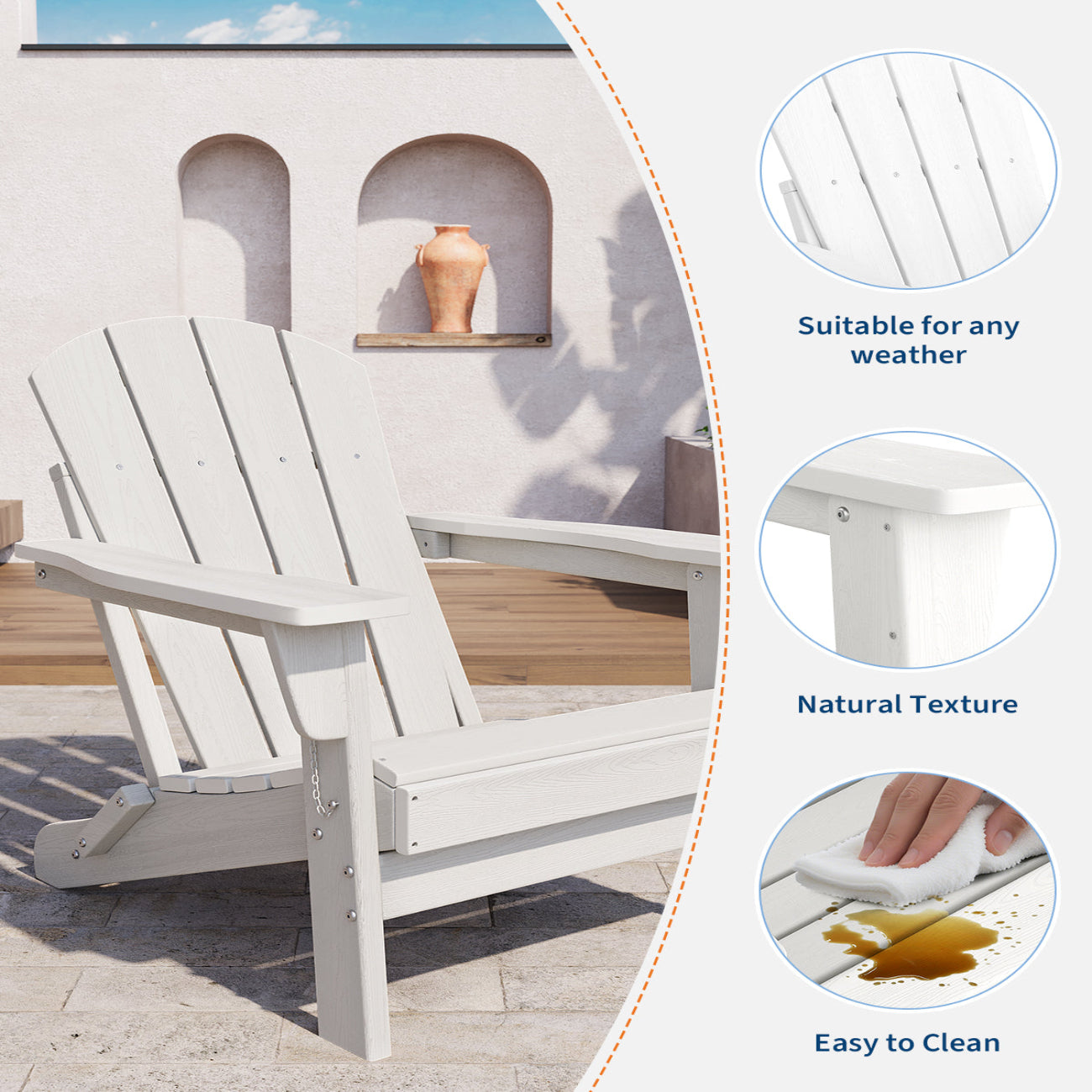 Garvee Folding Wooden Adirondack Chair, Outdoor Lounge Chair with Ergonomic High Back, White
