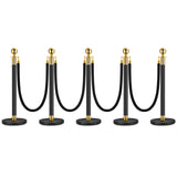 Garvee 5PCS Stanchion Posts Queue with Black Velvet Rope, Crowd Control Barriers for Events, 5 FT Black Carpet Ropes, Durable Gold & Black - Black I 5 Pack I 4 Rope