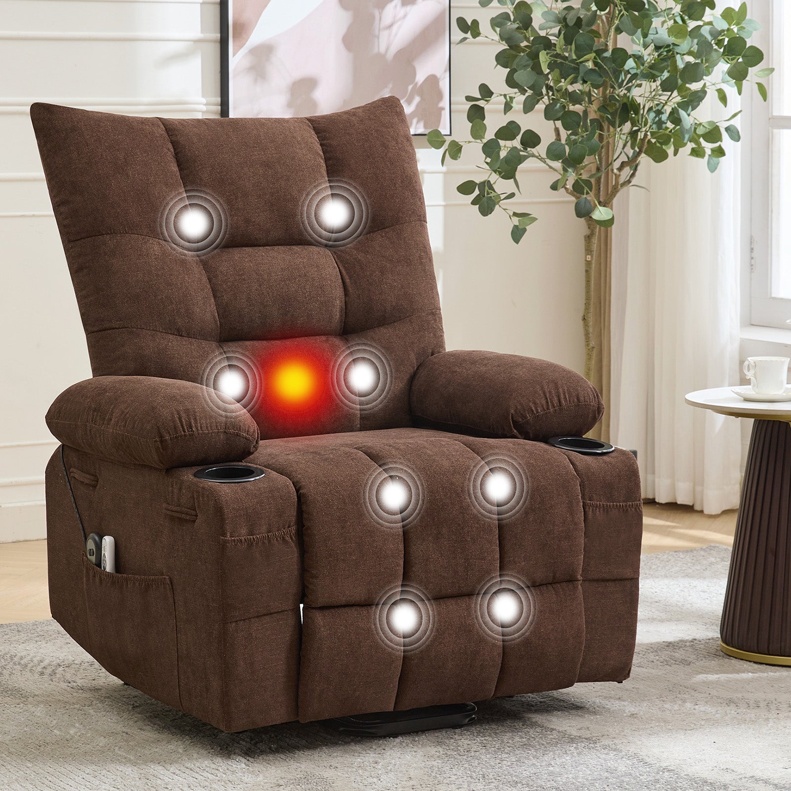 Garvee Power Lift Recliner Chair for Elderly, Oversized Standing Chair Recliner with Massage & Heat, Soft Padded Upholstery, Side Pocket & Cup Holders for Living Room, Bedroom, Brown