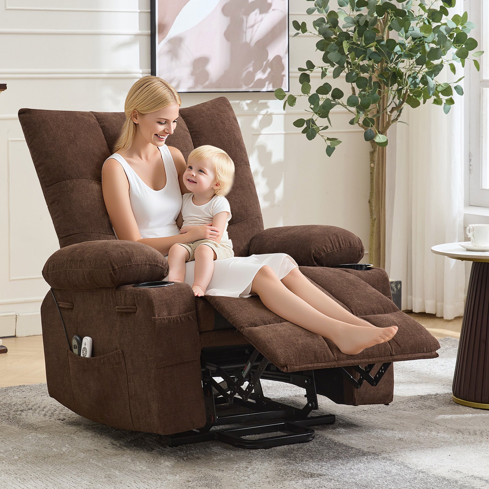 Garvee Power Lift Recliner Chair for Elderly, Oversized Standing Chair Recliner with Massage & Heat, Soft Padded Upholstery, Side Pocket & Cup Holders for Living Room, Bedroom, Brown
