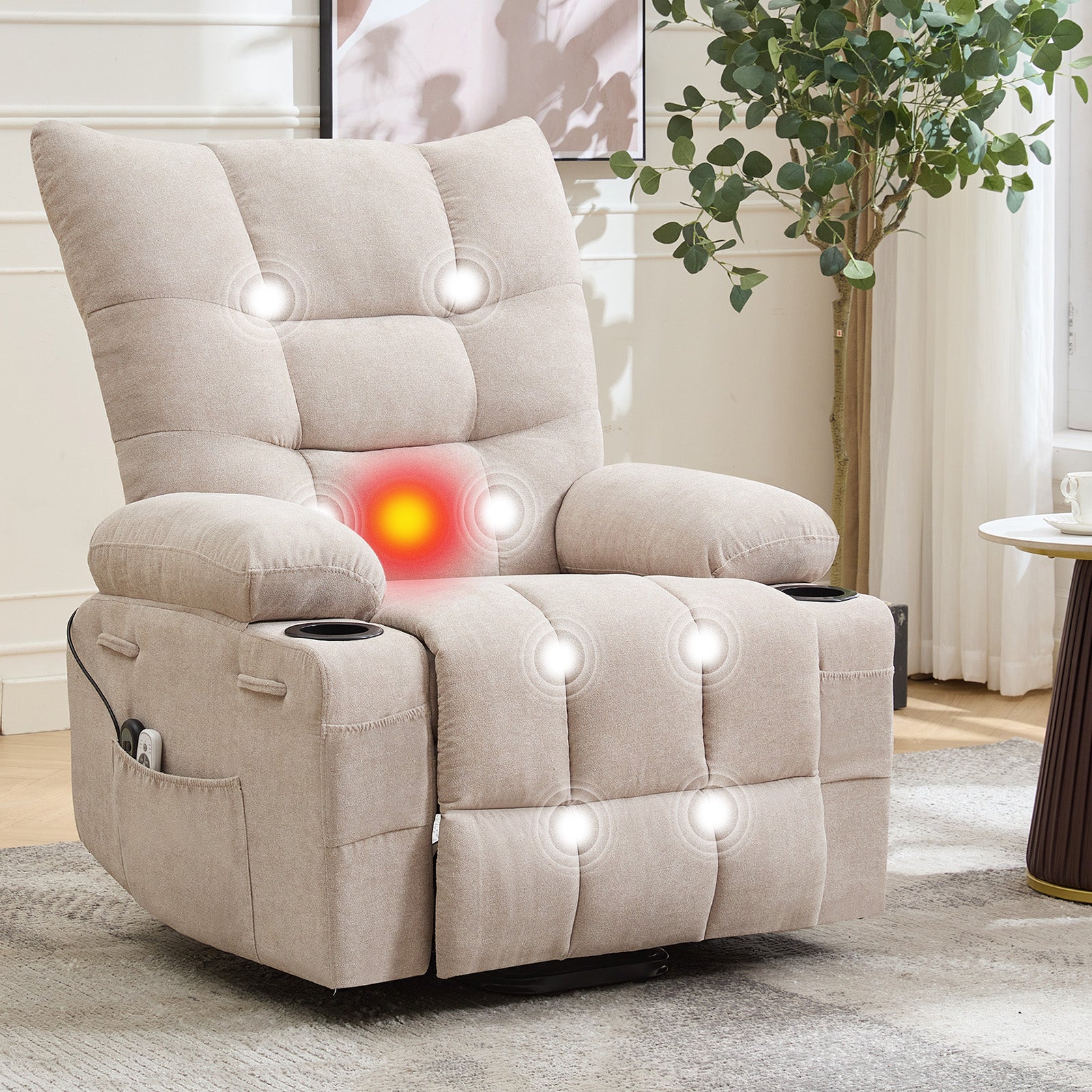Garvee Power Lift Recliner Chair for Elderly, Oversized Standing Chair Recliner with Massage & Heat, Soft Padded Upholstery, Side Pocket & Cup Holders for Living Room, Bedroom, Beige