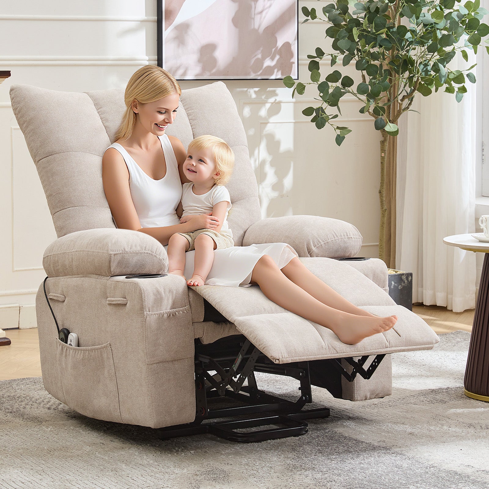Garvee Power Lift Recliner Chair for Elderly, Oversized Standing Chair Recliner with Massage & Heat, Soft Padded Upholstery, Side Pocket & Cup Holders for Living Room, Bedroom, Beige