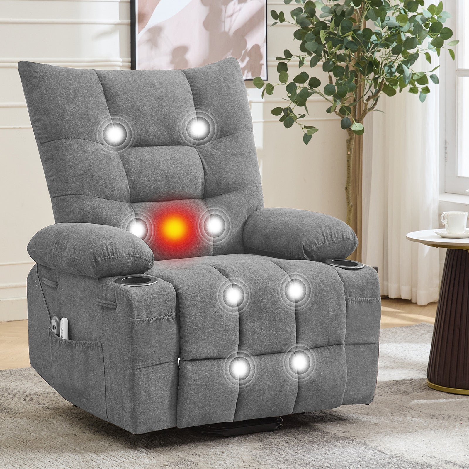 Garvee Power Lift Recliner Chair for Elderly, Oversized Standing Chair Recliner with Massage & Heat, Soft Padded Upholstery, Side Pocket & Cup Holders for Living Room, Bedroom, Gray