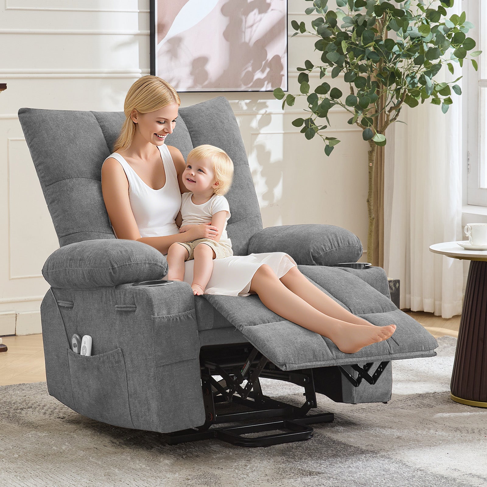 Garvee Power Lift Recliner Chair for Elderly, Oversized Standing Chair Recliner with Massage & Heat, Soft Padded Upholstery, Side Pocket & Cup Holders for Living Room, Bedroom, Gray