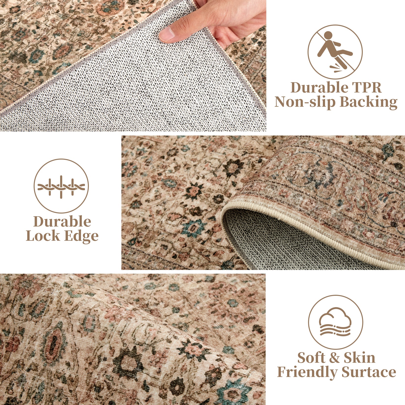 Garvee Persian Beige Camel 8x10 Vintage Floral Boho Area Rug Large Washable Non-Slip Low Pile Faux Wool for Living Room Bedroom