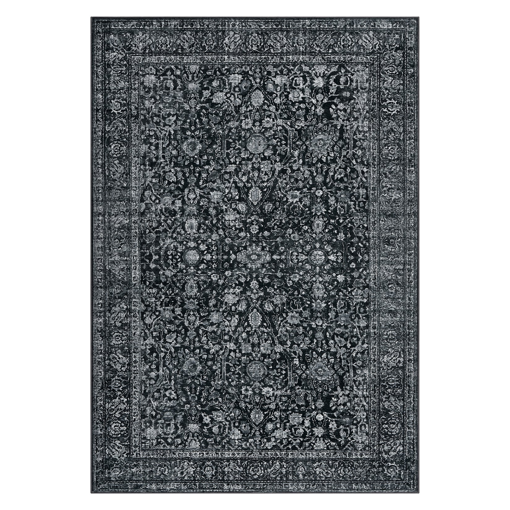 Garvee Persian Black 8x10 Vintage Floral Boho Area Rug for Living Room Bedroom, Large Washable, Non-Slip Low Pile Faux Wool Carpet, Kids Pets Friendly