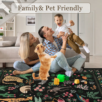 Garvee 8x10 Washable Animal Living Room Rug Non Slip Vintage Design Soft Low Pile Large Carpet Black