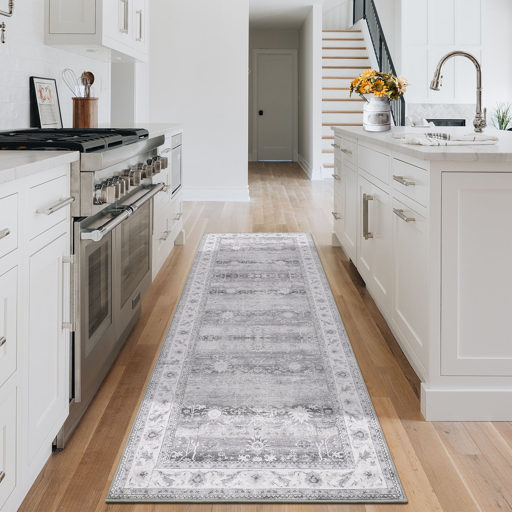 Garvee Washable Runner Rug Floral Accent Non-Shedding Low Pile Carpet 2x6 Gray for Hallway Kitchen Laundry Porch