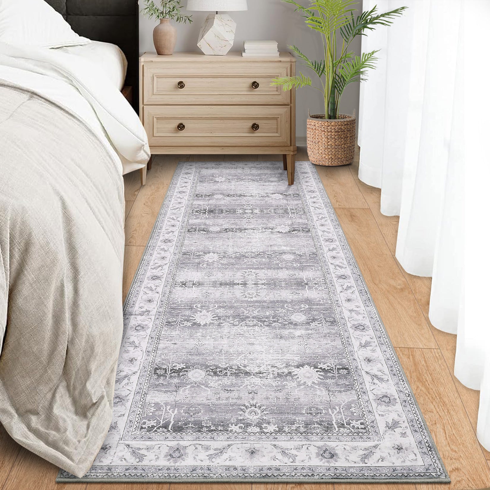 Garvee Washable Runner Rug Floral Accent Non-Shedding Low Pile Carpet 2x6 Gray for Hallway Kitchen Laundry Porch