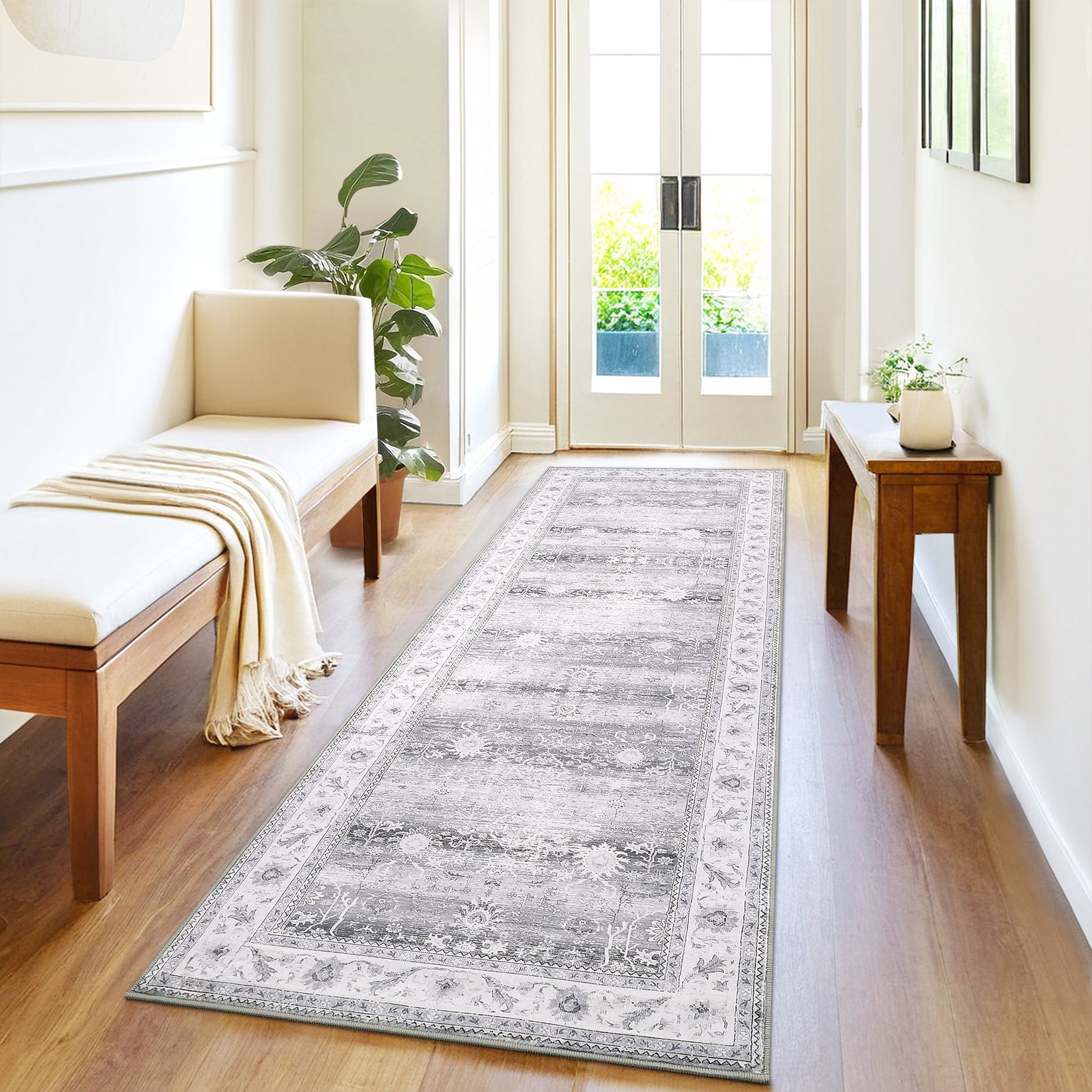 Garvee Washable Runner Rug Floral Accent Non-Shedding Low Pile Carpet 2x6 Gray for Hallway Kitchen Laundry Porch