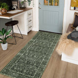 Garvee Vintage Washable Runner Rug 2x6 Floral Dark Green Kitchen Runner Rugs Non Slip Thin Printed Distressed Indoor Throw Carpet for Hallway Bedroom Bedside Laundry Room Bathroom - Dark Green