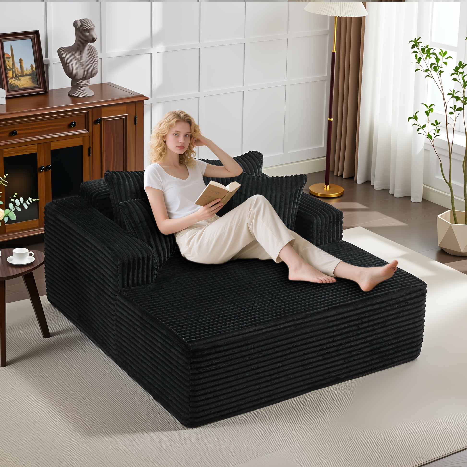 Garvee Boneless Couch 61'' Oversized Corduroy Chaise Lounge Chair, Deep Seat Cloud Sleeper Sofa Bed with 4 Fluffy Pillows & Armrests, No Assembly, for Living Room, Bedroom, Office, Black