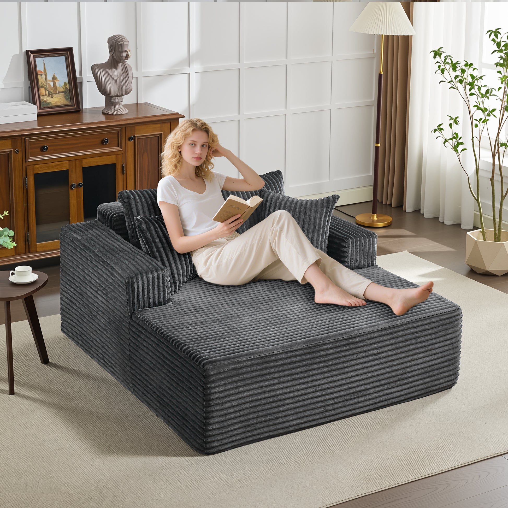 Garvee Boneless Couch 61'' Oversized Corduroy Chaise Lounge Chair, Deep Seat Cloud Sleeper Sofa Bed with 4 Fluffy Pillows & Armrests, No Assembly, for Living Room, Bedroom, Office, Grey
