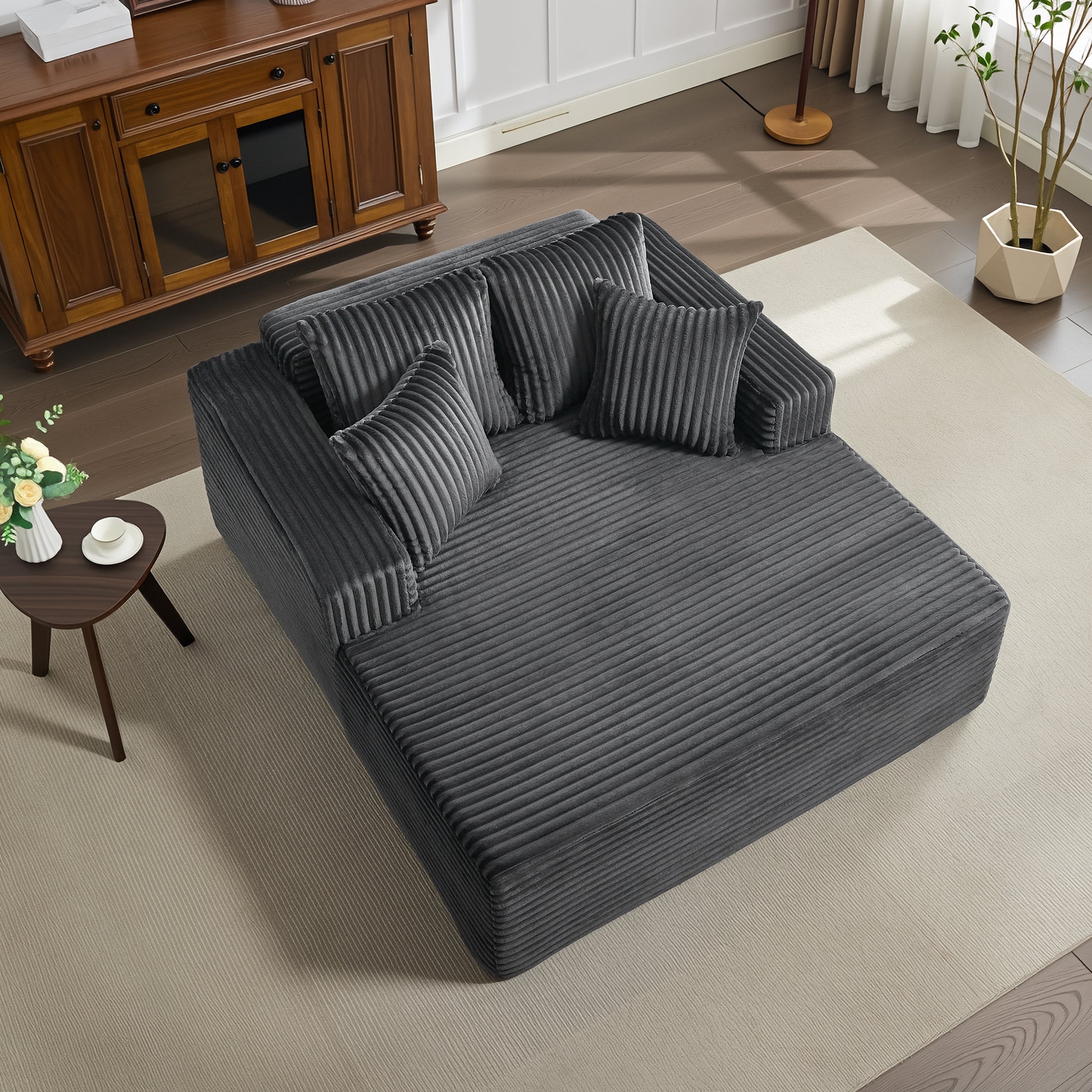 Garvee Boneless Couch 61'' Oversized Corduroy Chaise Lounge Chair, Deep Seat Cloud Sleeper Sofa Bed with 4 Fluffy Pillows & Armrests, No Assembly, for Living Room, Bedroom, Office, Grey