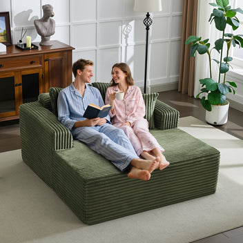 Garvee Boneless Couch 61'' Oversized Corduroy Chaise Lounge Chair, Deep Seat Cloud Sleeper Sofa Bed with 4 Fluffy Pillows & Armrests, No Assembly, for Living Room, Bedroom, Office, Green