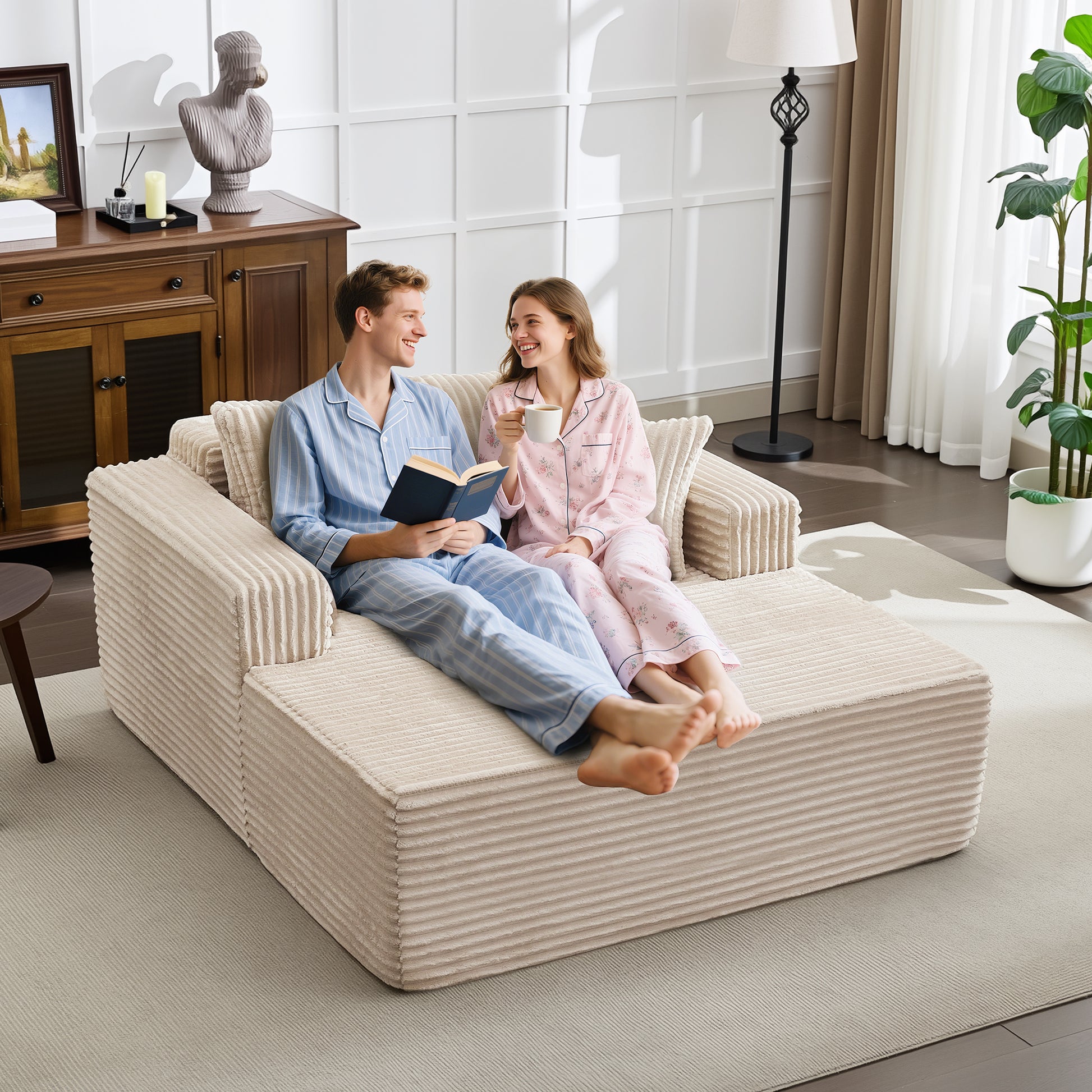 Garvee Boneless Couch 61'' Oversized Corduroy Chaise Lounge Chair, Deep Seat Cloud Sleeper Sofa Bed with 4 Fluffy Pillows & Armrests, No Assembly, for Living Room, Bedroom, Office, Camel