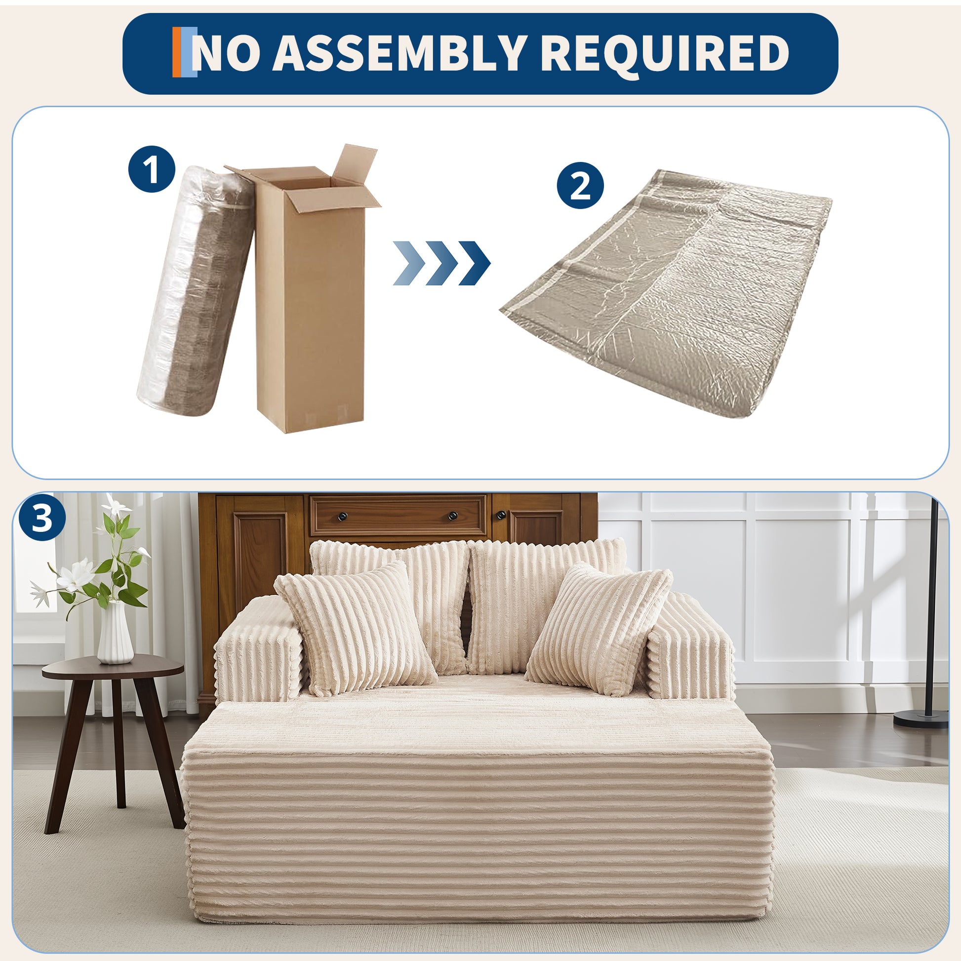 Garvee Boneless Couch 61'' Oversized Corduroy Chaise Lounge Chair, Deep Seat Cloud Sleeper Sofa Bed with 4 Fluffy Pillows & Armrests, No Assembly, for Living Room, Bedroom, Office, Camel