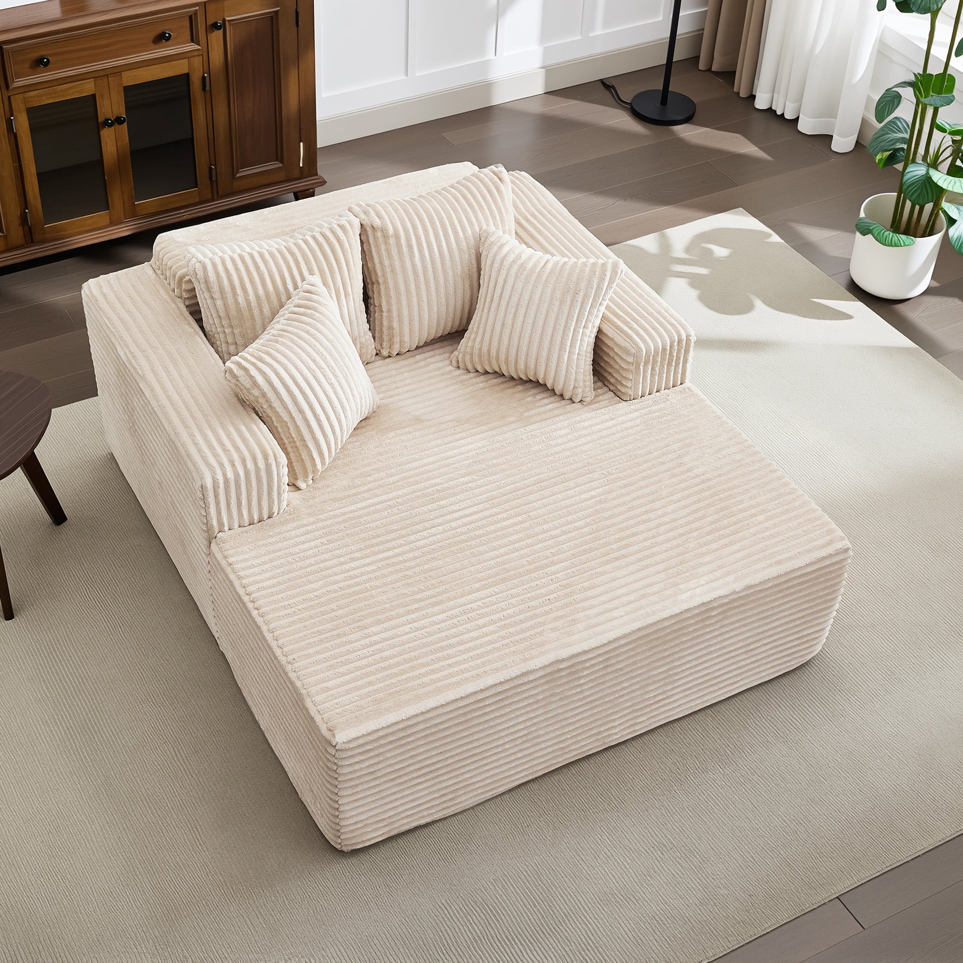 Garvee Boneless Couch 61'' Oversized Corduroy Chaise Lounge Chair, Deep Seat Cloud Sleeper Sofa Bed with 4 Fluffy Pillows & Armrests, No Assembly, for Living Room, Bedroom, Office, Camel