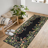 Garvee 2x6 Runner Rug for Hallways, Black Floral Bathroom Rugs Non Slip Washable Kitchen Runner, Low Pile Soft Botanical Runner for Girls Bedroom Laundry Room Bedside - Black