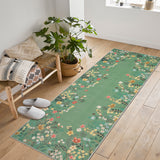 Garvee 2x6 Runner Rug for Hallways, Green Floral Bathroom Rugs Non Slip Washable Kitchen Runner, Low Pile Soft Botanical Runner for Girls Bedroom Laundry Room Bedside - Green