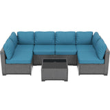 Garvee 7-Piece Outdoor Patio Furniture Set – All-Weather PE Wicker Sectional Sofa with Cushions & Glass Coffee Table, Modular Conversation Set for Garden, Balcony, Poolside (6-Seater) - Peacock Blue