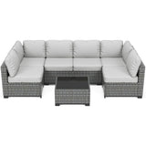 Garvee 7-Piece Outdoor Patio Furniture Set – All-Weather PE Wicker Sectional Sofa with Cushions & Glass Coffee Table, Modular Conversation Set for Garden, Balcony, Poolside (6-Seater) - Grey + Grey