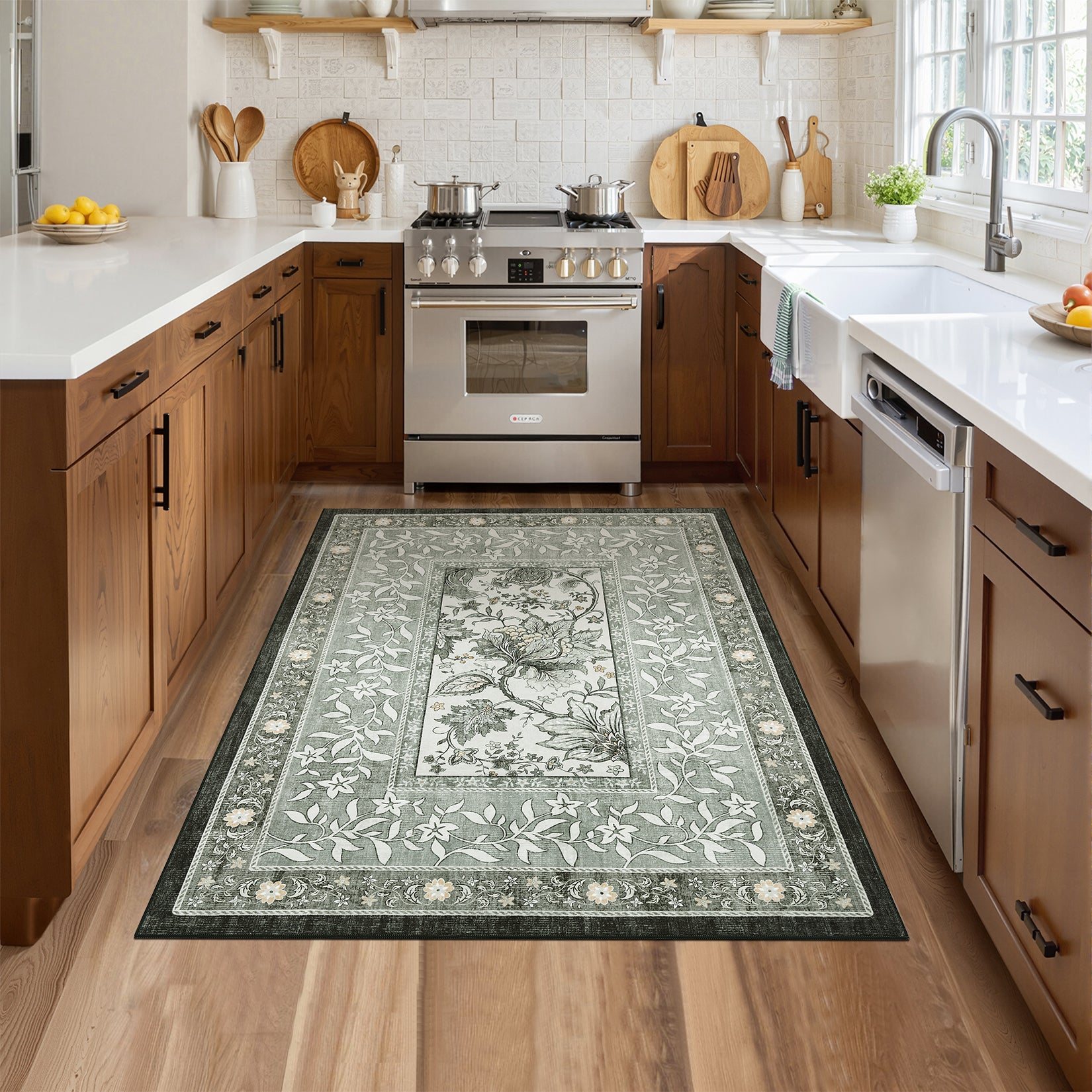 Garvee Provence 8x10 Area Rugs Botanical Grove Washable Low-Pile Vintage Carpet Gray for Living Room Bedroom Nursery Dining, Gray