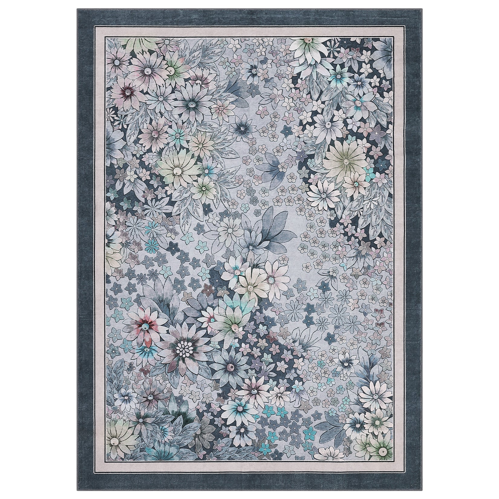 Garvee Washable 10x13 Floral Vintage Area Rug, Non-Slip, Low Pile Soft Carpet for Living Room Bedroom, Gray Blue