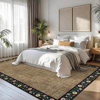 Garvee Bordered Brown 4x6 Floral Bordered Area Rug Machine Washable Non-Slip Stain Resistant 100% Polyester Lightweight Foldable Living Room Bedroom
