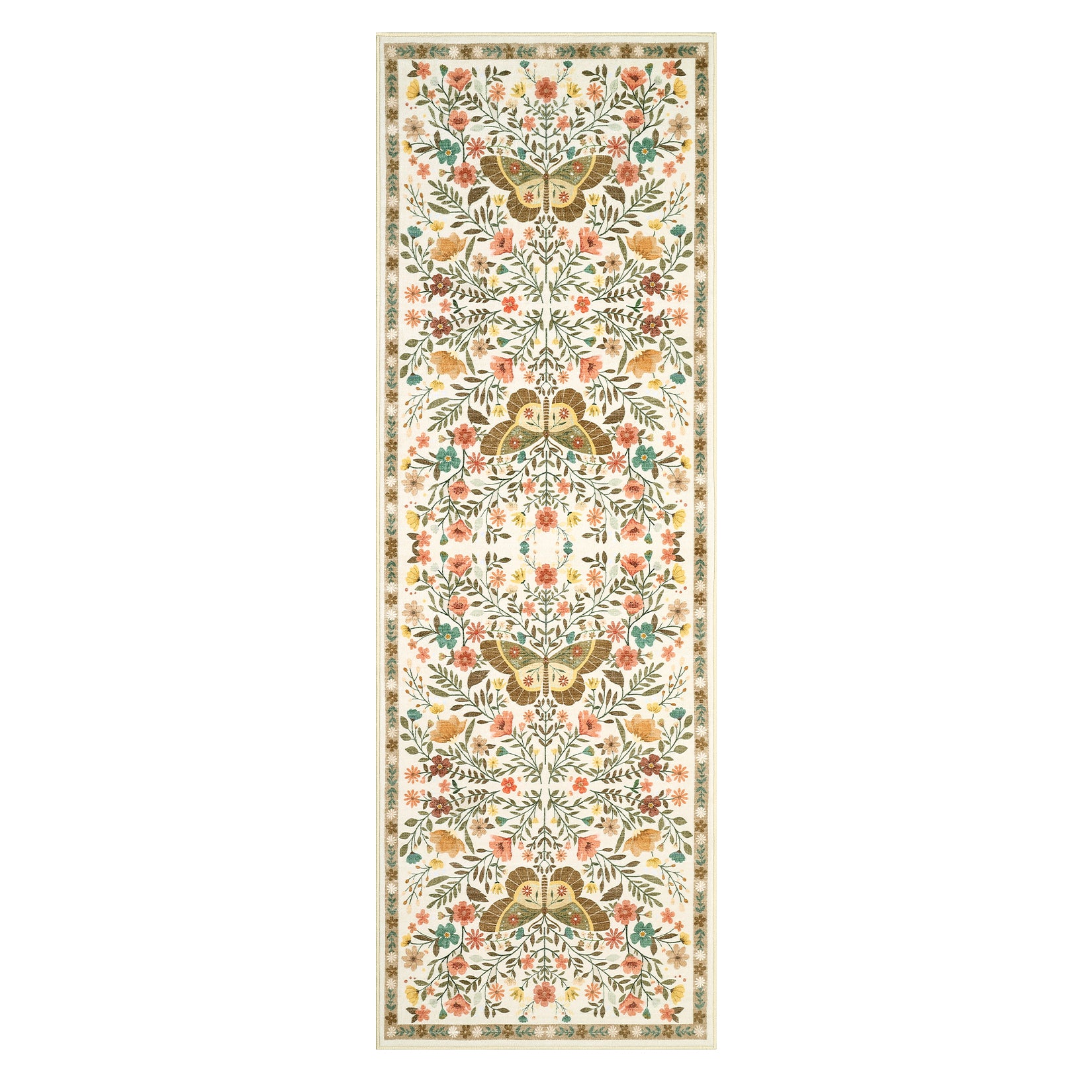 Garvee Butterfly Floral Runner Rug for Hallway 2x6 Farmhouse Carpet Runner, Stain-Resistant Thin Bedside Rug, Vintage Print Indoor Floor Carpet for Kitchen, Laundry Room, Bedroom, Beige