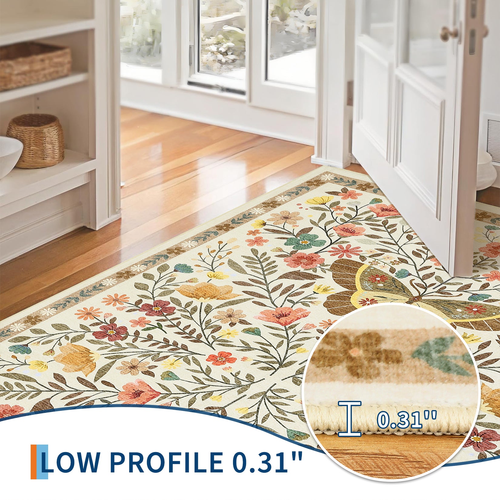 Garvee Butterfly Floral Runner Rug for Hallway 2x6 Farmhouse Carpet Runner, Stain-Resistant Thin Bedside Rug, Vintage Print Indoor Floor Carpet for Kitchen, Laundry Room, Bedroom, Beige