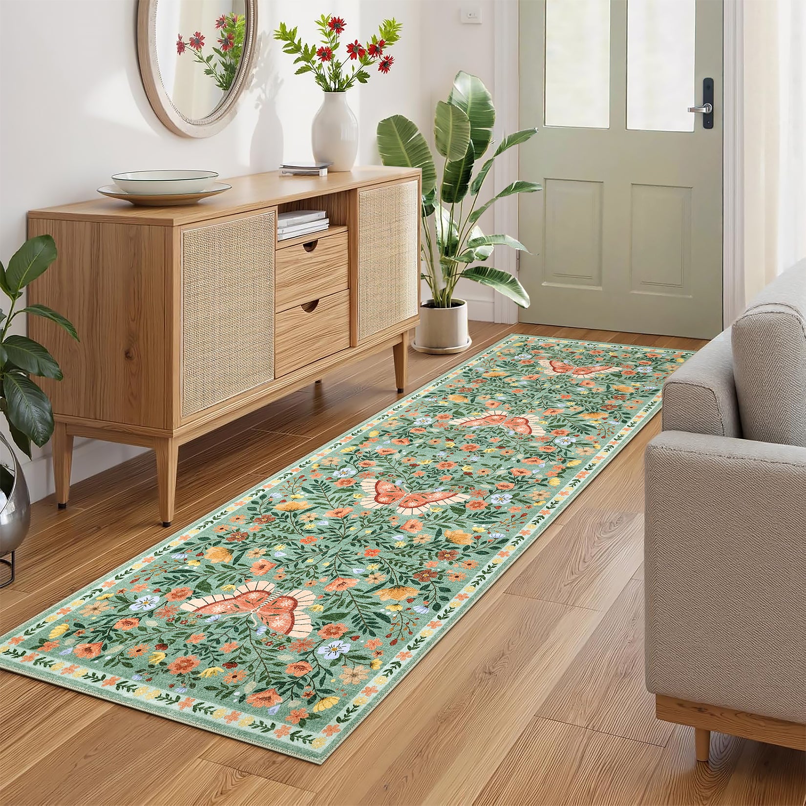 Garvee Washable Farmhouse Rug Non-Slip Floral Butterfly Bedroom Carpet, Stain-Resistant Ultra-Soft Low Pile Floor Rug, Easy Cleaning Foldable Indoor Mat for Living Room, Kitchen, Office