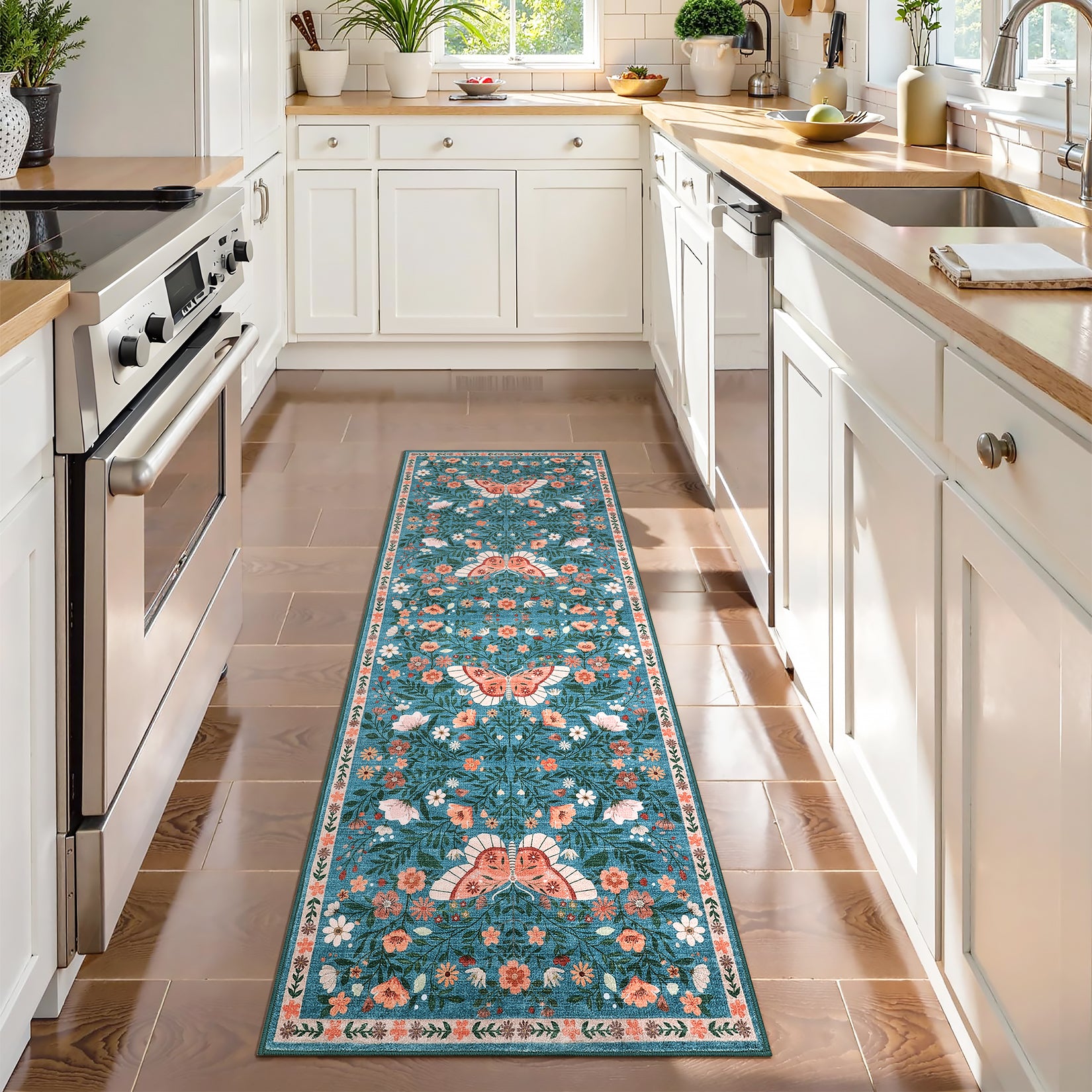 Garvee Butterfly Floral Runner Rug for Hallway 2x6 Farmhouse Carpet Runner, Stain-Resistant Thin Bedside Rug, Vintage Print Indoor Floor Carpet for Kitchen, Laundry Room, Bedroom, Blue