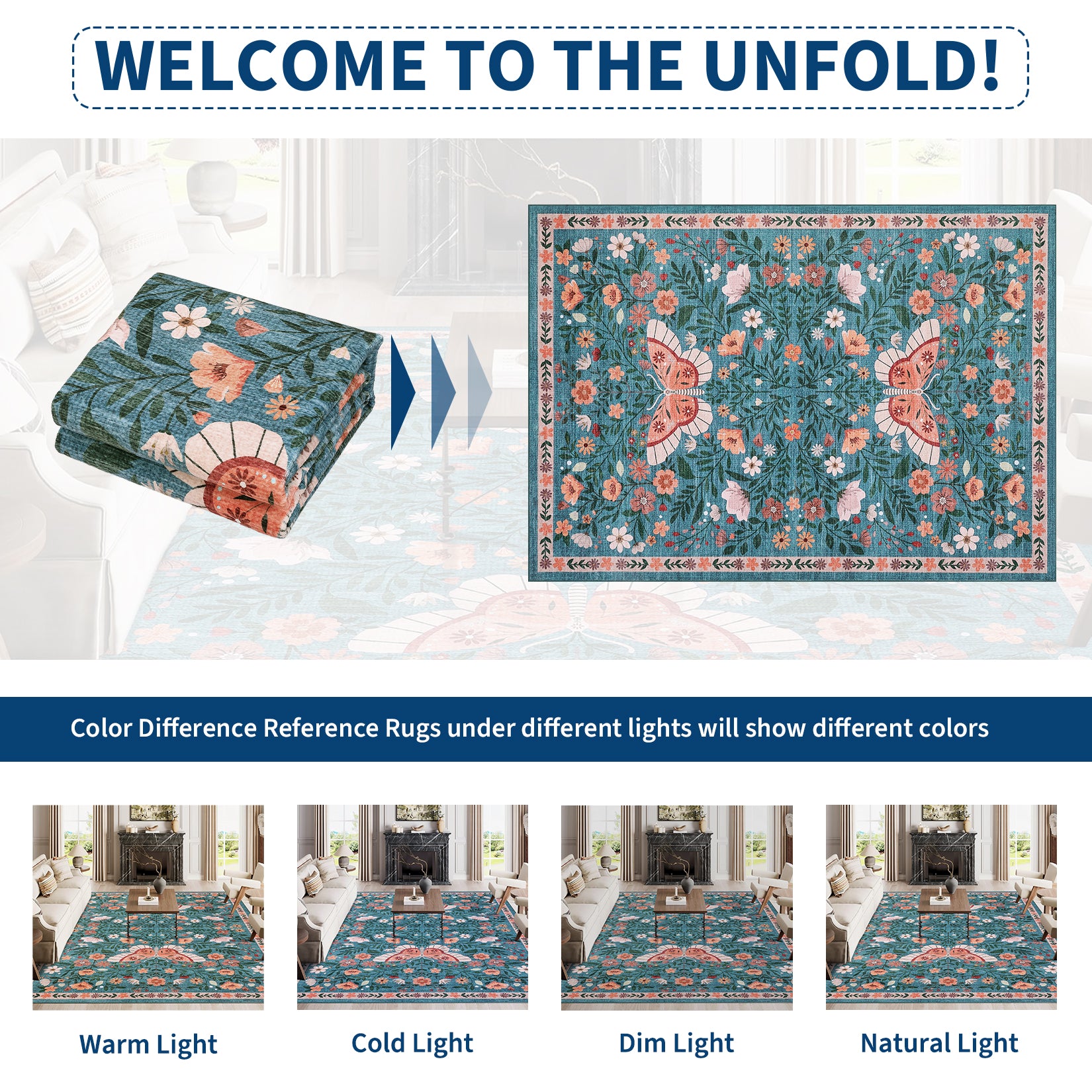 Garvee Butterfly Floral Runner Rug for Hallway 2x6 Farmhouse Carpet Runner, Stain-Resistant Thin Bedside Rug, Vintage Print Indoor Floor Carpet for Kitchen, Laundry Room, Bedroom, Blue