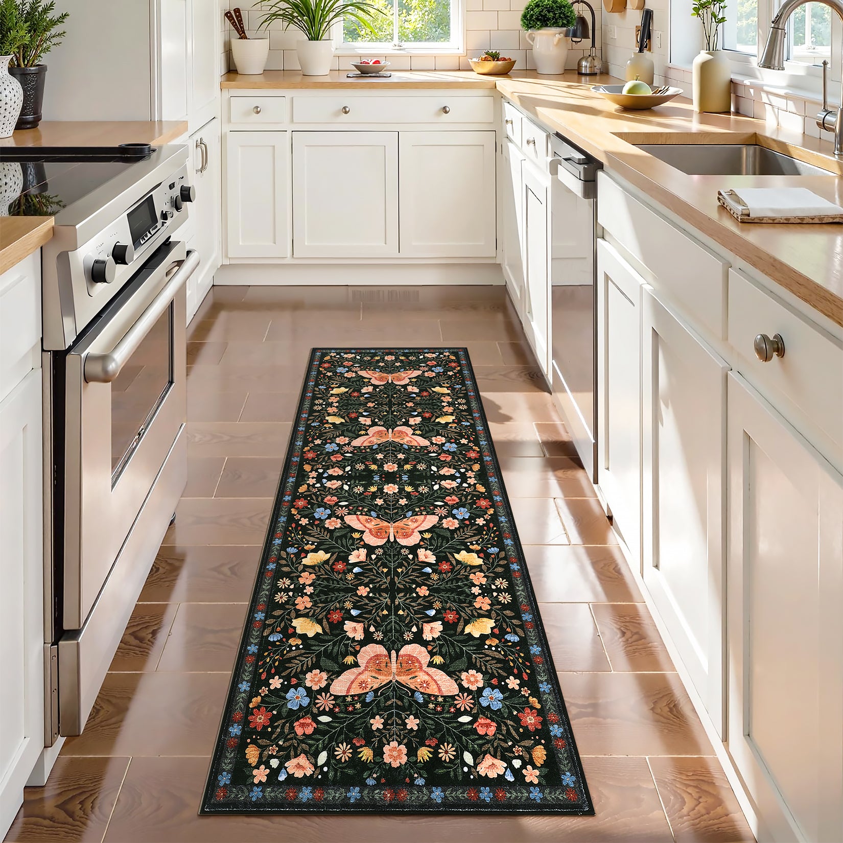Garvee Butterfly Floral Runner Rug for Hallway 2x6 Farmhouse Carpet Runner, Stain-Resistant Thin Bedside Rug, Vintage Print Indoor Floor Carpet for Kitchen, Laundry Room, Bedroom, Black